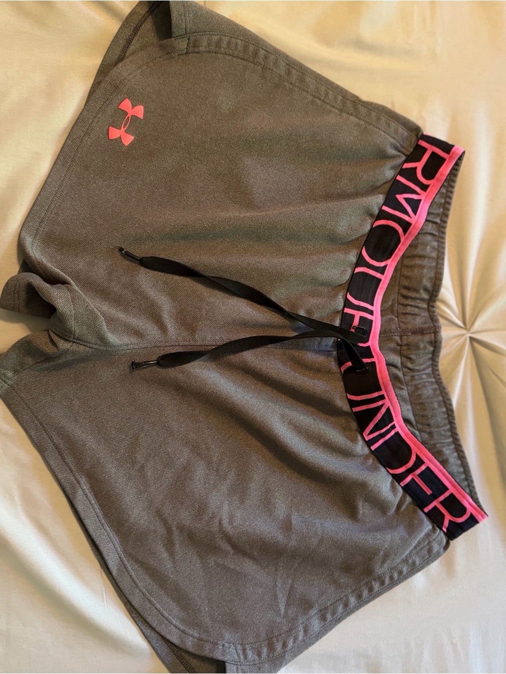 Under Armour Gray Women's Athletic Shorts with Pink Logo Waistband